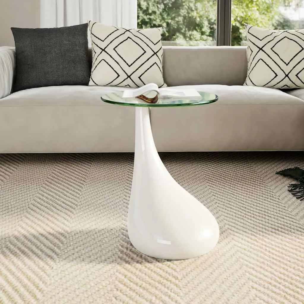 Round White Coffee Table High Gloss Water Drop Base Glass Top Living Room Accent