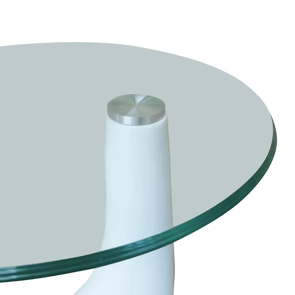 Round White Coffee Table High Gloss Water Drop Base Glass Top Living Room Accent