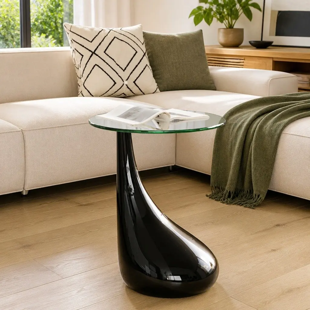 Coffee Table Round Glass Top High Gloss Black Water Drop Base Living Room