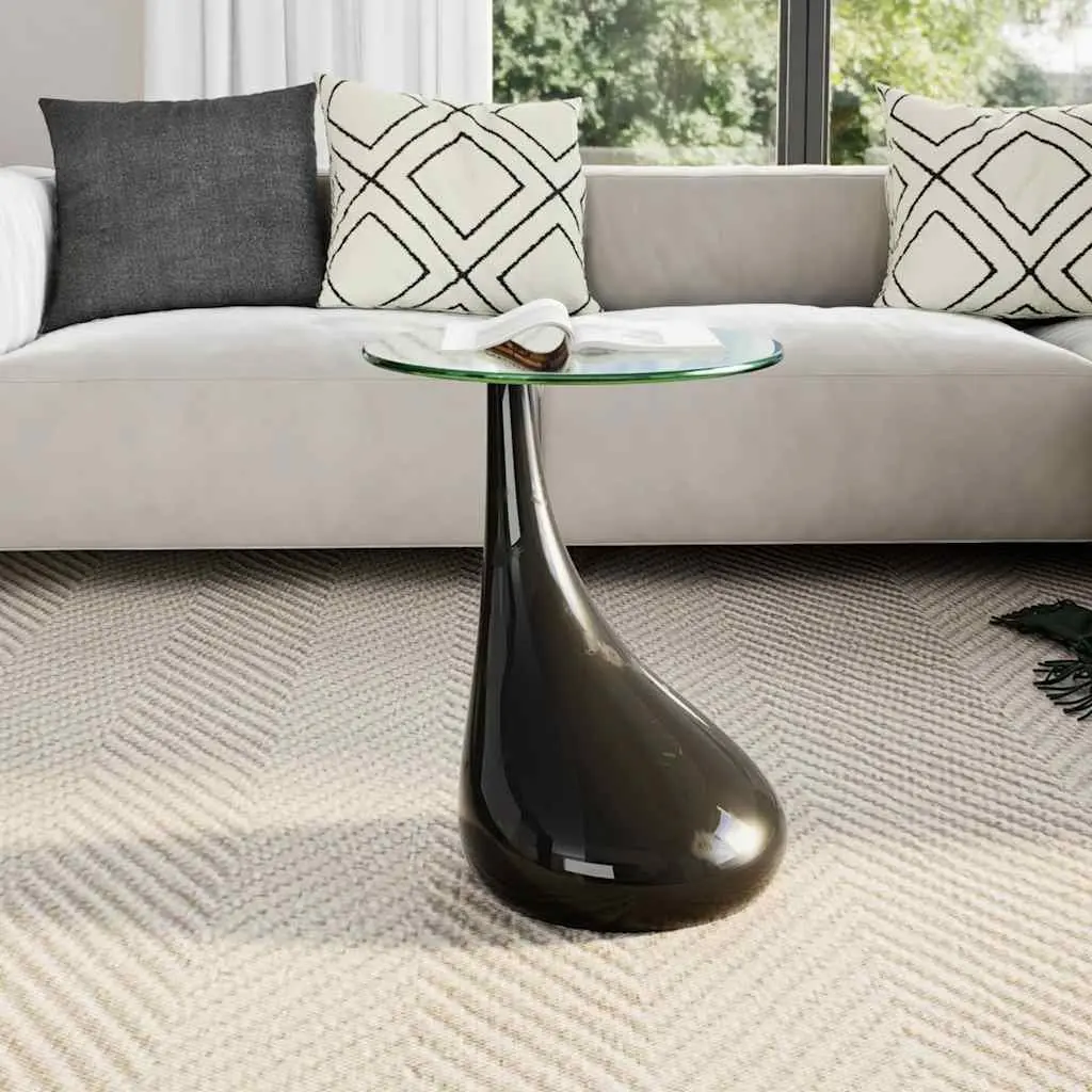 Coffee Table Round Glass Top High Gloss Black Water Drop Base Living Room