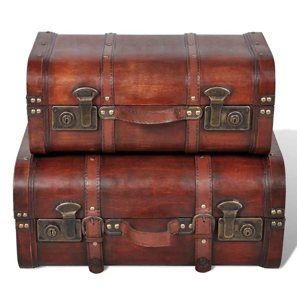 Wooden Storage Chests Vintage Brown Treasure Trunk Box 2 Pieces