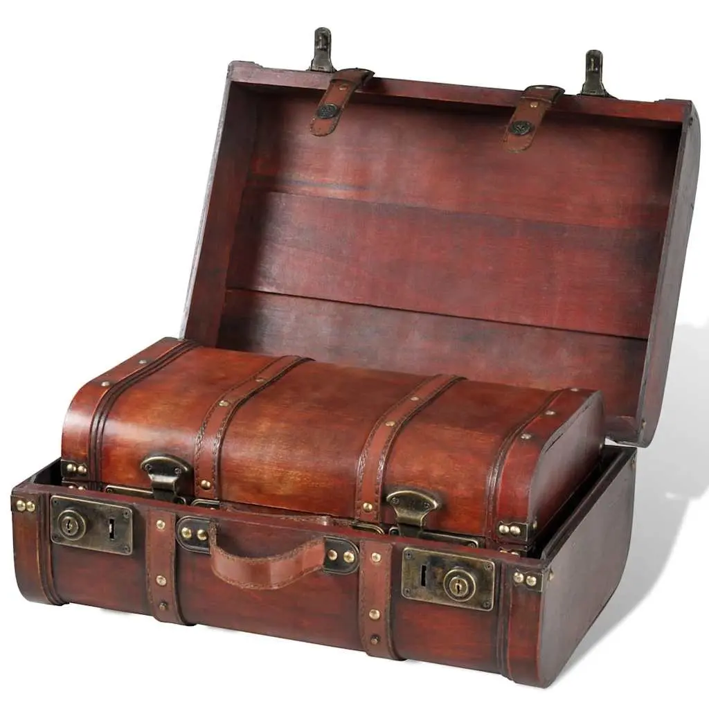 Wooden Storage Chests Vintage Brown Treasure Trunk Box 2 Pieces