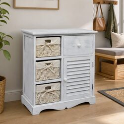Functional Wooden Cabinet: White, Durable with Baskets