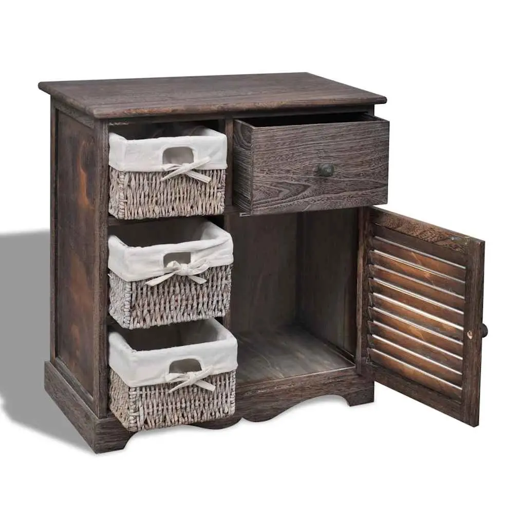 Wooden Storage Cabinet with 3 Weaving Baskets Brown Sideboard Country Style