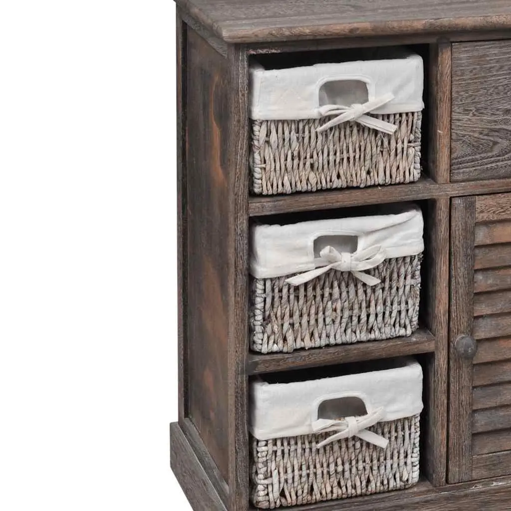 Wooden Storage Cabinet with 3 Weaving Baskets Brown Sideboard Country Style