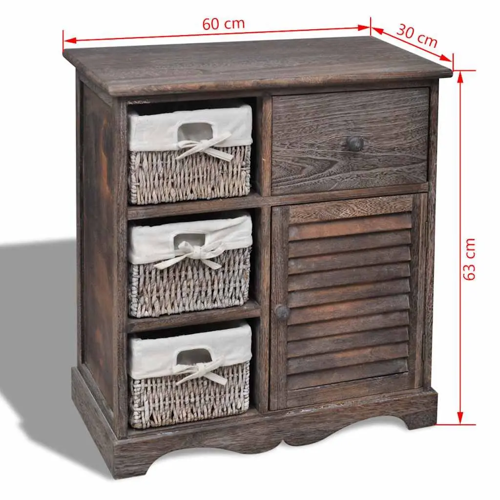 Wooden Storage Cabinet with 3 Weaving Baskets Brown Sideboard Country Style