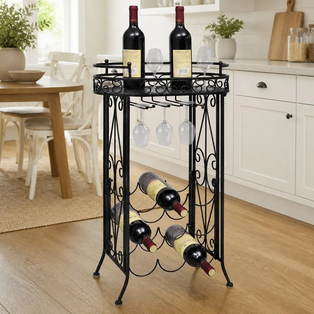 Wine Rack Floor Standing Storage 9 Bottles Glass Holder Metal Black
