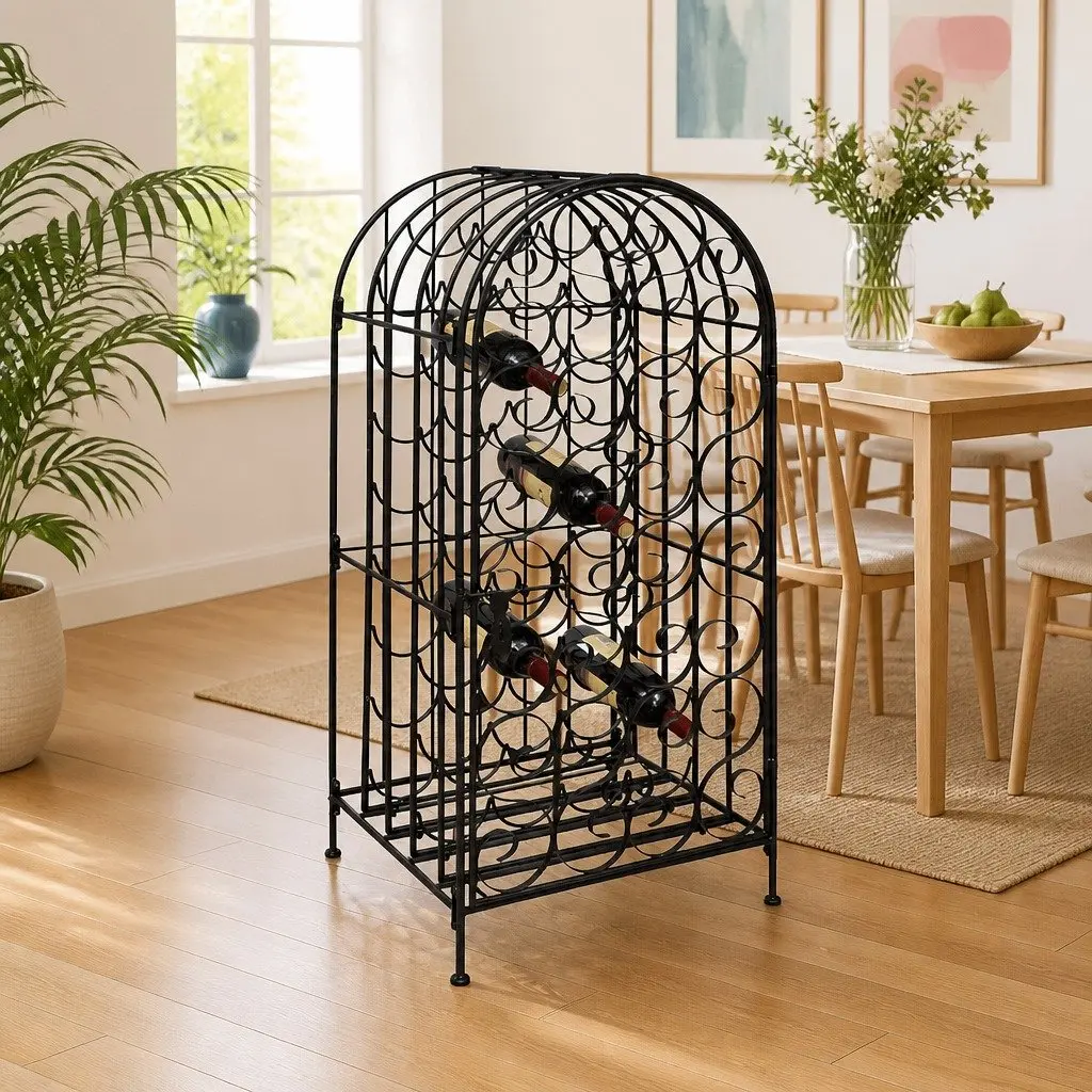 Wine Rack Floor Standing Storage Cabinet 35 Bottle Black Metal Holder
