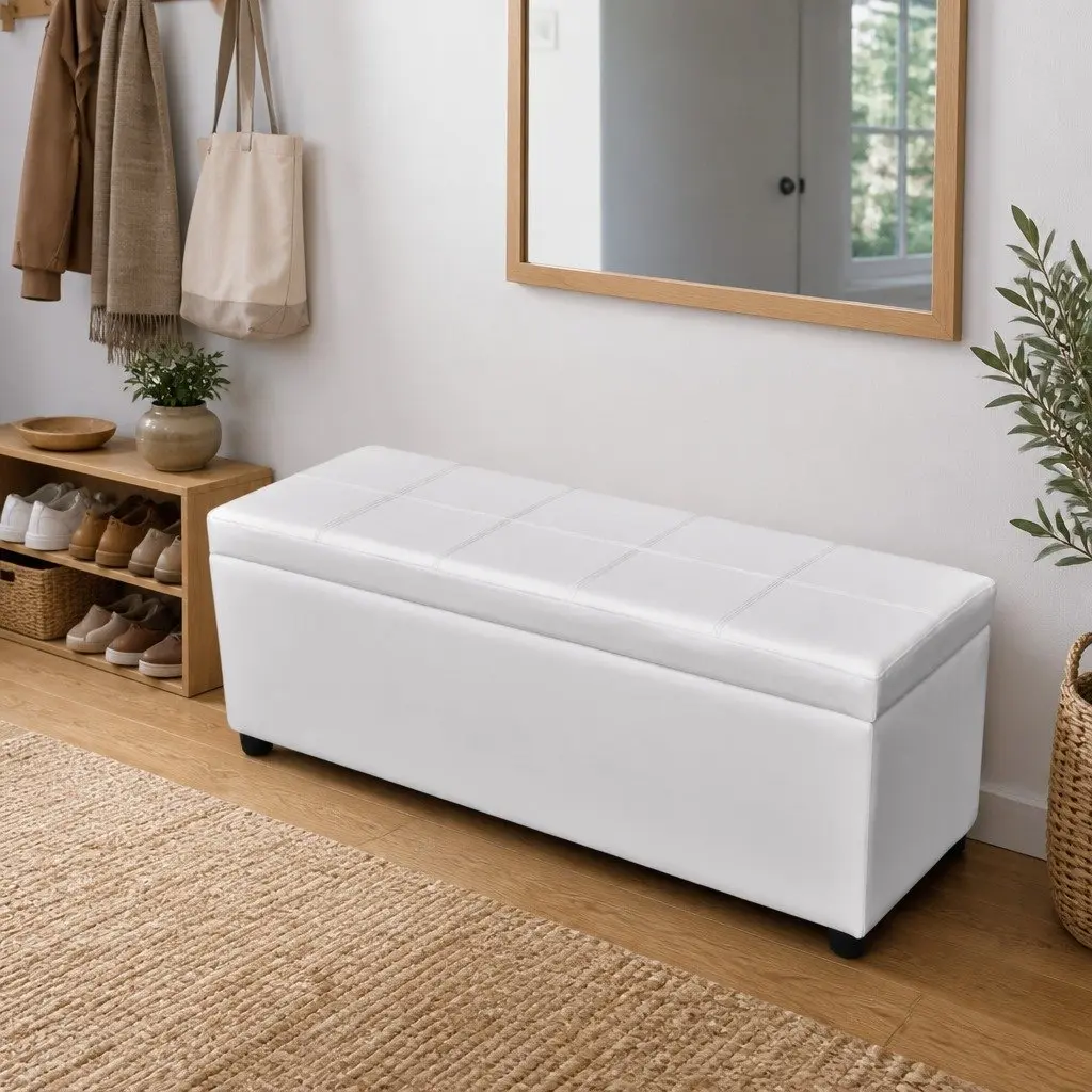Storage Bench Padded Seat White Wood Entryway Hallway Hidden Storage Chest