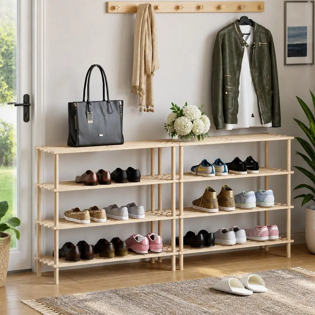 Wooden Shoe Rack 4-Tier Storage Organiser Entryway Hallway Footwear Display Unit Beige