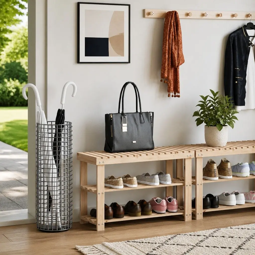 Shoe Rack with Bench Top Storage Organiser Entryway Seating Solid Wood Brown