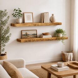 Durable Set of 2 Brown Wall Shelves for Everyday Use
