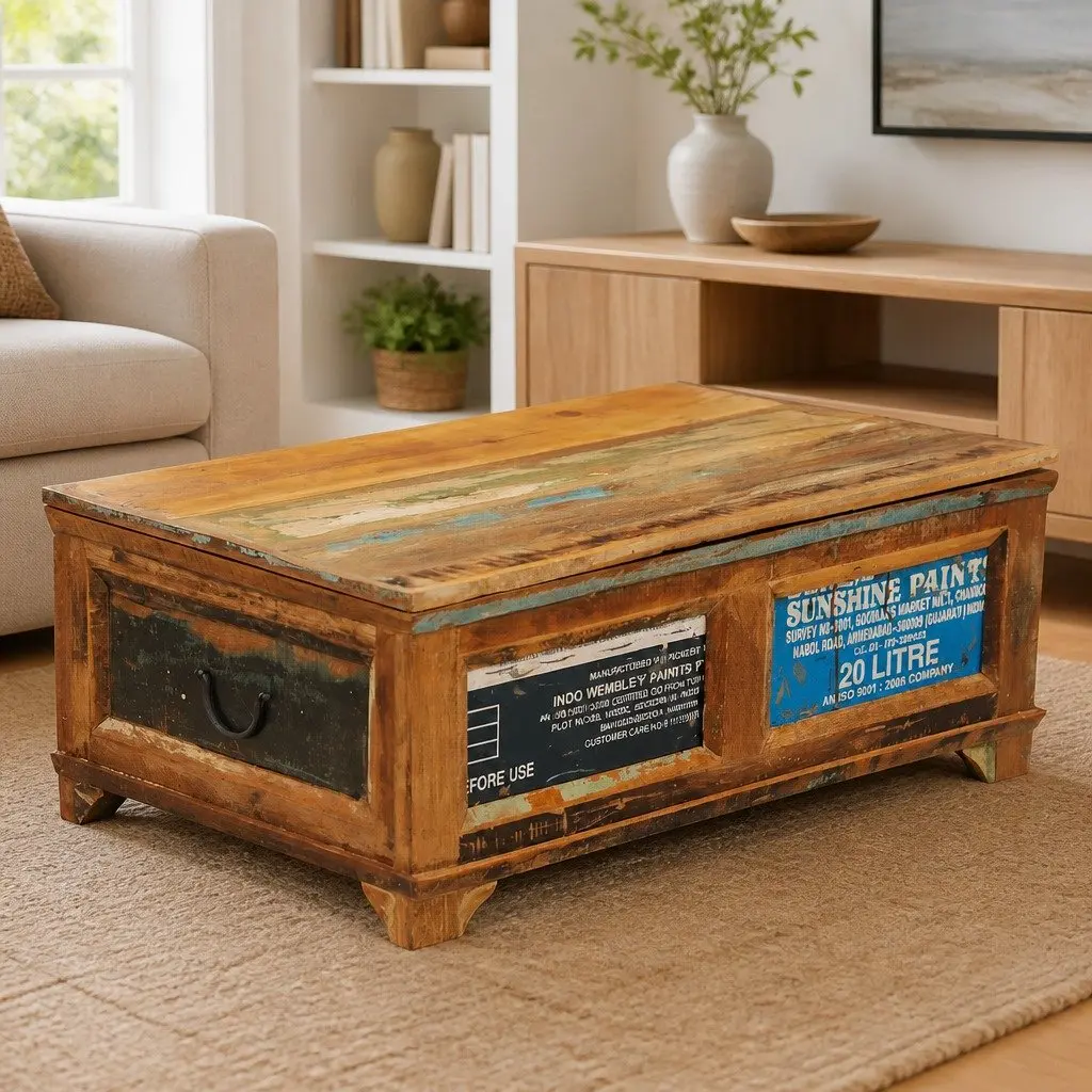 Coffee Table Vintage Reclaimed Wood Brown Storage Compartment