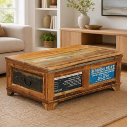Coffee Table with Storage Compartment Vintage Reclaimed Wood Brown Living Room