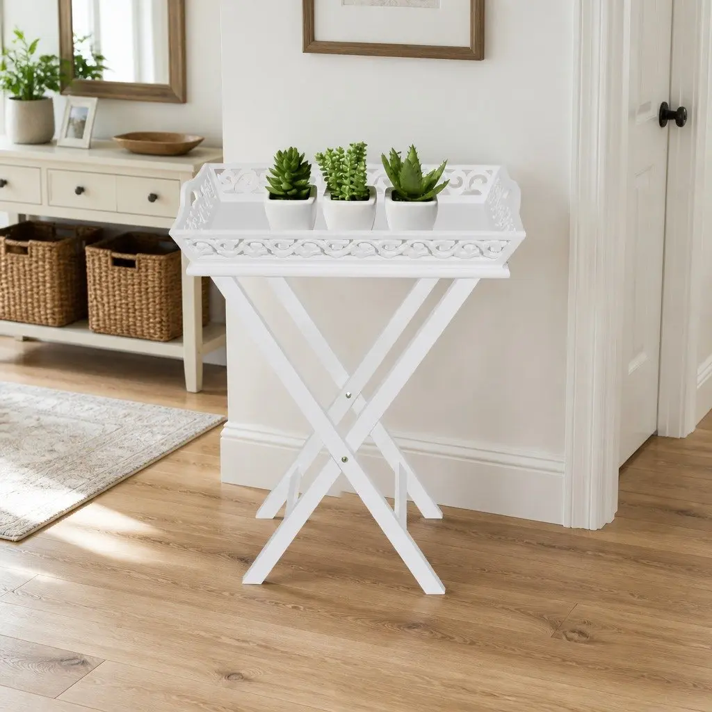 Side Table with Removable Tray White Accent End Table Foldable Legs Storage