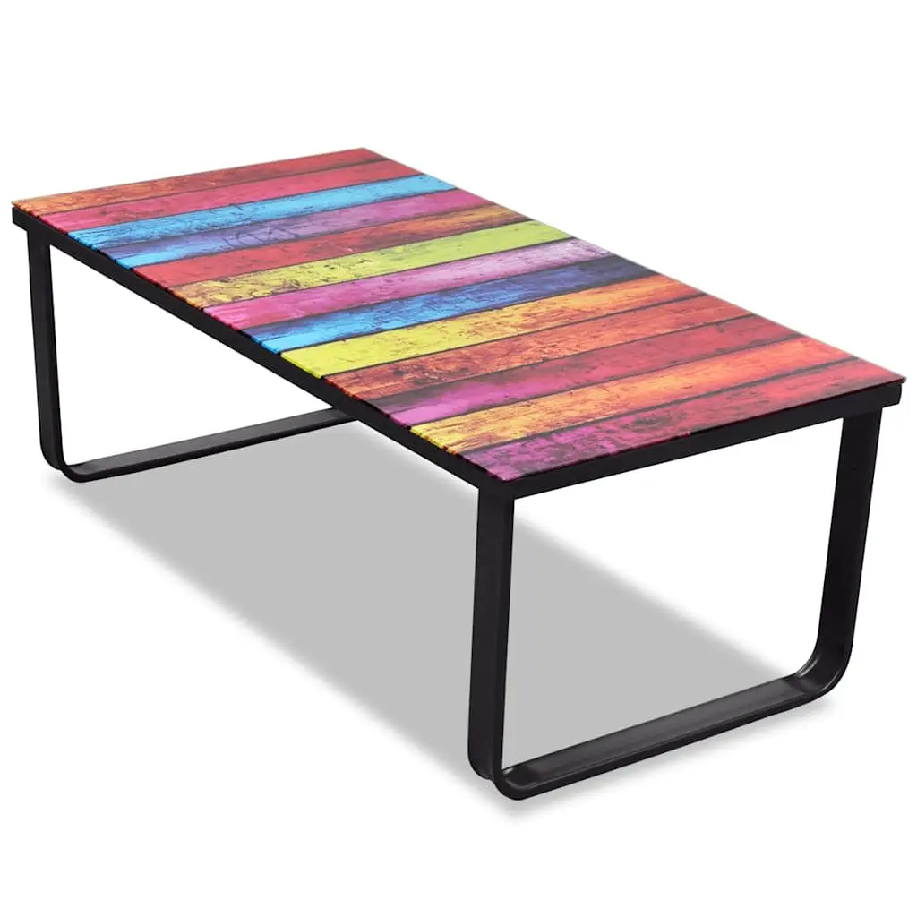 Coffee Table Rectangular Modern Glass Top Rainbow Print Design Side Table