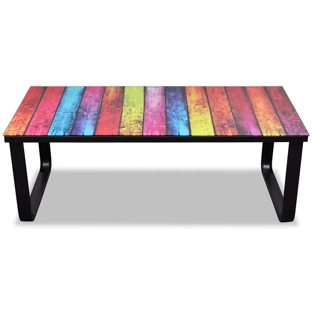 Coffee Table Rectangular Modern Glass Top Rainbow Print Design Side Table