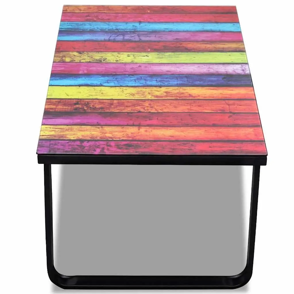 Coffee Table Rectangular Modern Glass Top Rainbow Print Design Side Table