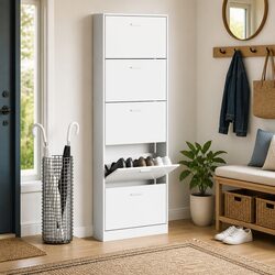 Reliable White Wooden Shoe Cabinet with 5 Compartments