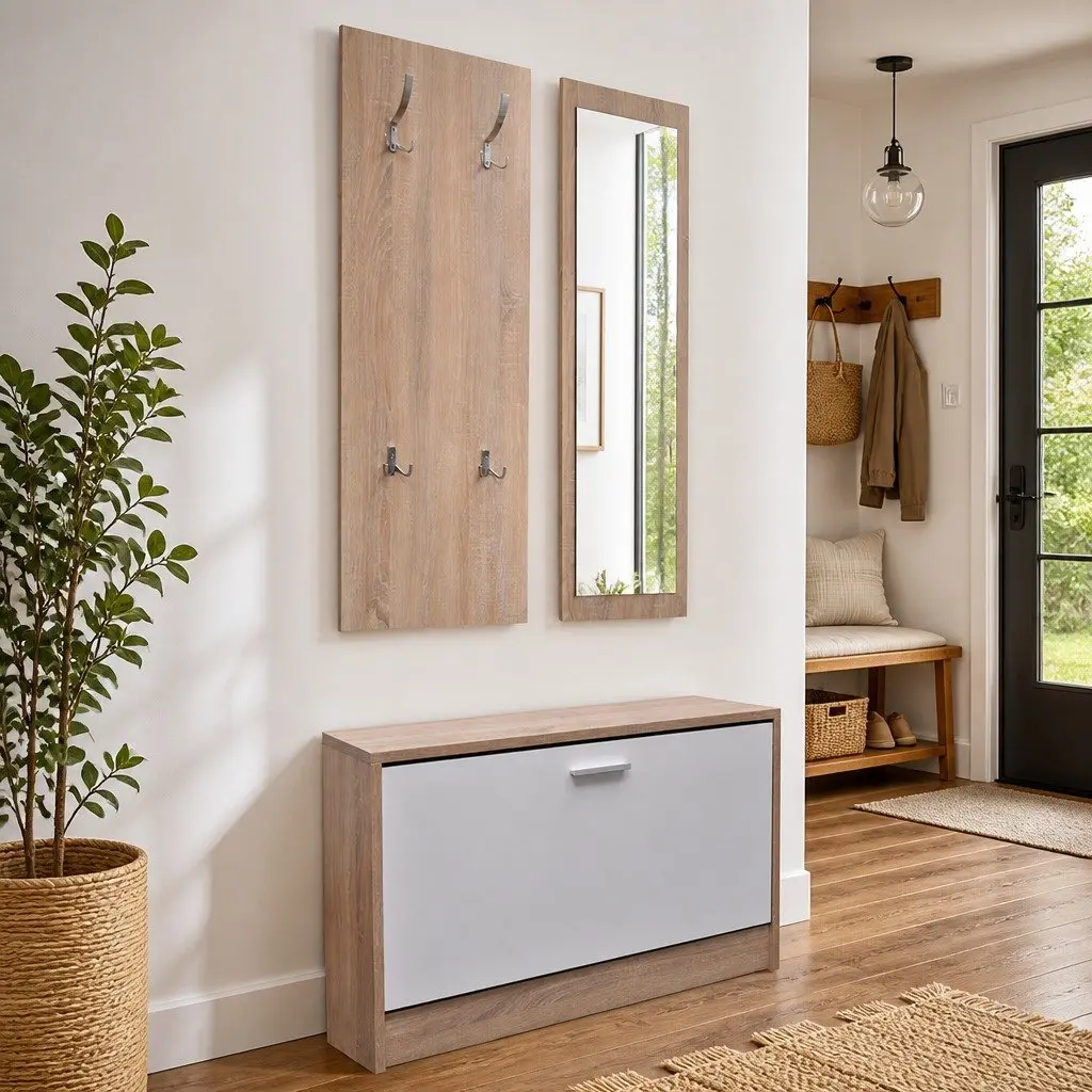 Wooden Storage Set with Coat Rack and Mirror for Entryway Hallway Organisation Brown