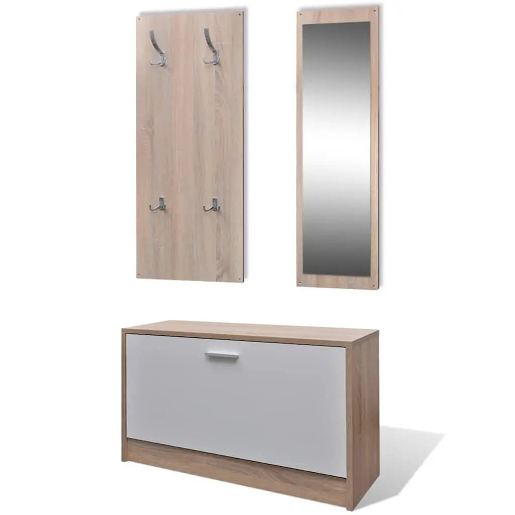 Wooden Storage Set with Coat Rack and Mirror for Entryway Hallway Organisation Brown