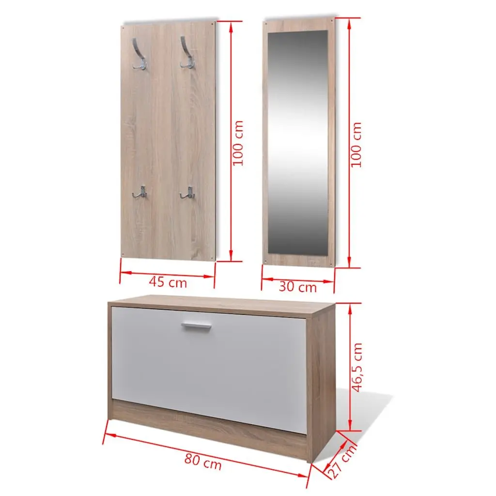 Wooden Storage Set with Coat Rack and Mirror for Entryway Hallway Organisation Brown