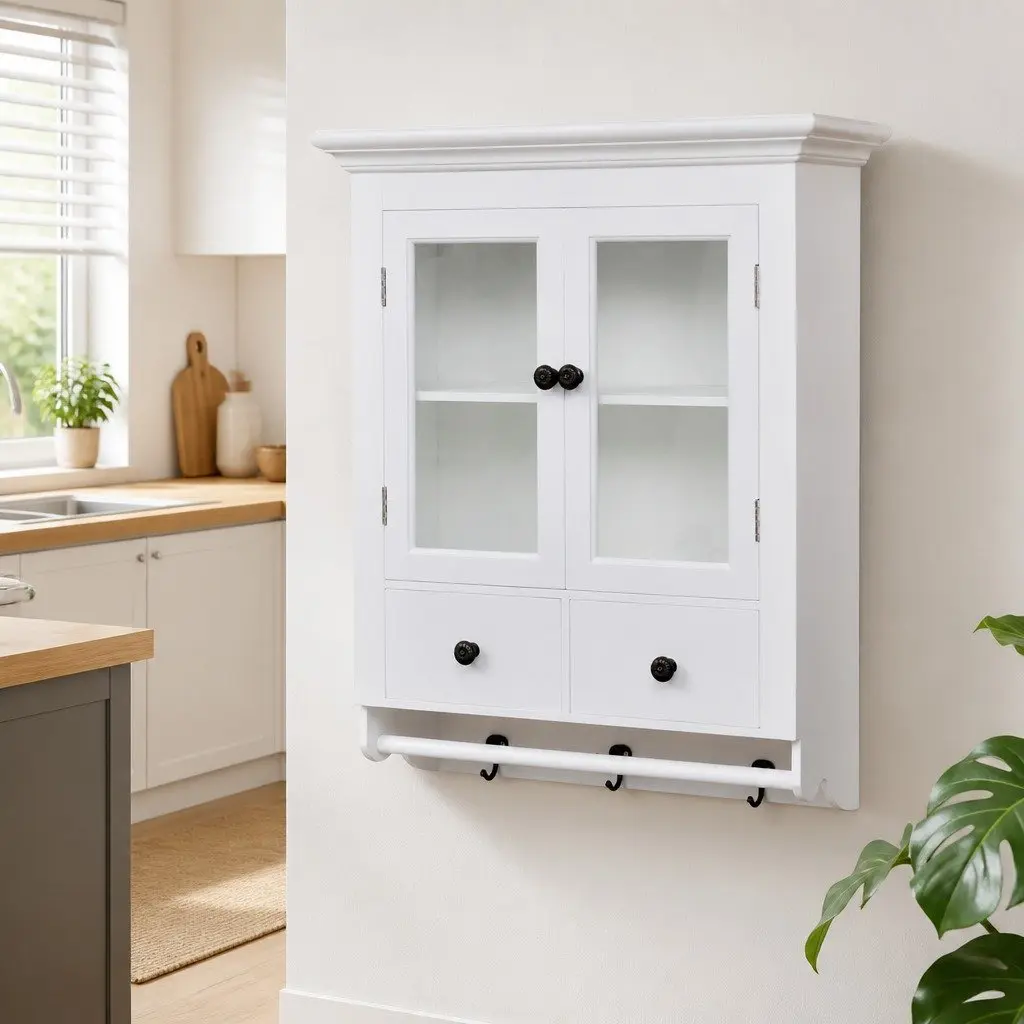 Wooden Kitchen Wall Cabinet Storage Shelves Drawers Hooks White