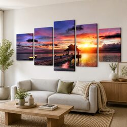 Canvas Wall Print Set Beach Pavilion Tropical 5 Panel Home Decor 200 x 100cm