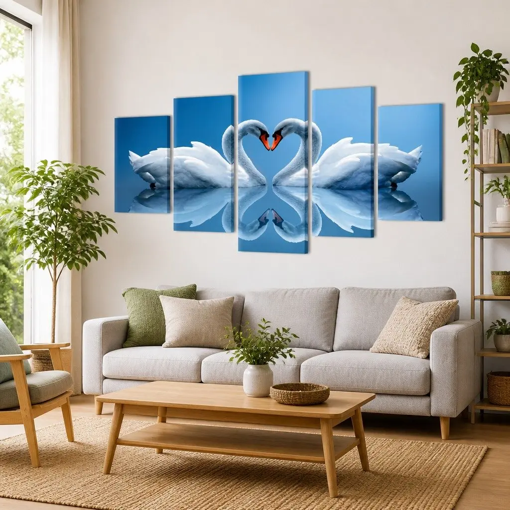 Canvas Wall Print Set Swan Artwork 200x100cm Multicolour