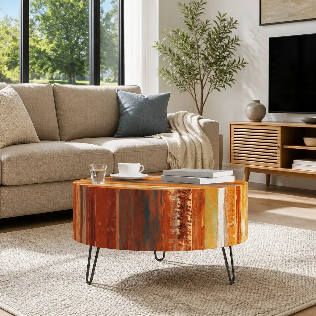 Round Coffee Table Vintage Antique 30 Inch Brown Solid Reclaimed Wood Handmade Living Room