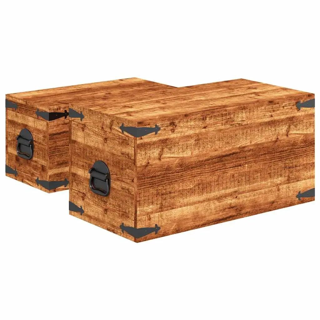 Storage Chest Set 2 Pieces Wooden Handmade Organization Furniture Brown