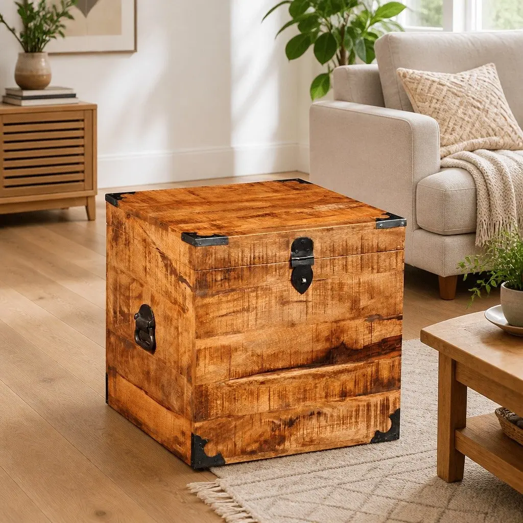 Storage Chest Handmade Solid Wood Cubic Brown Rough Mango Wood