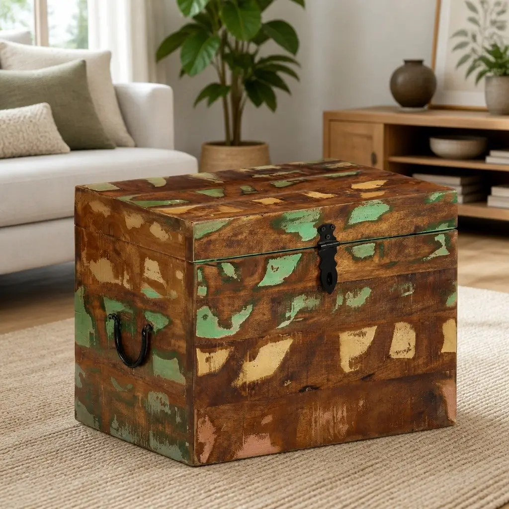 Wooden Storage Box Antique Style Brown Reclaimed Wood Home Furniture