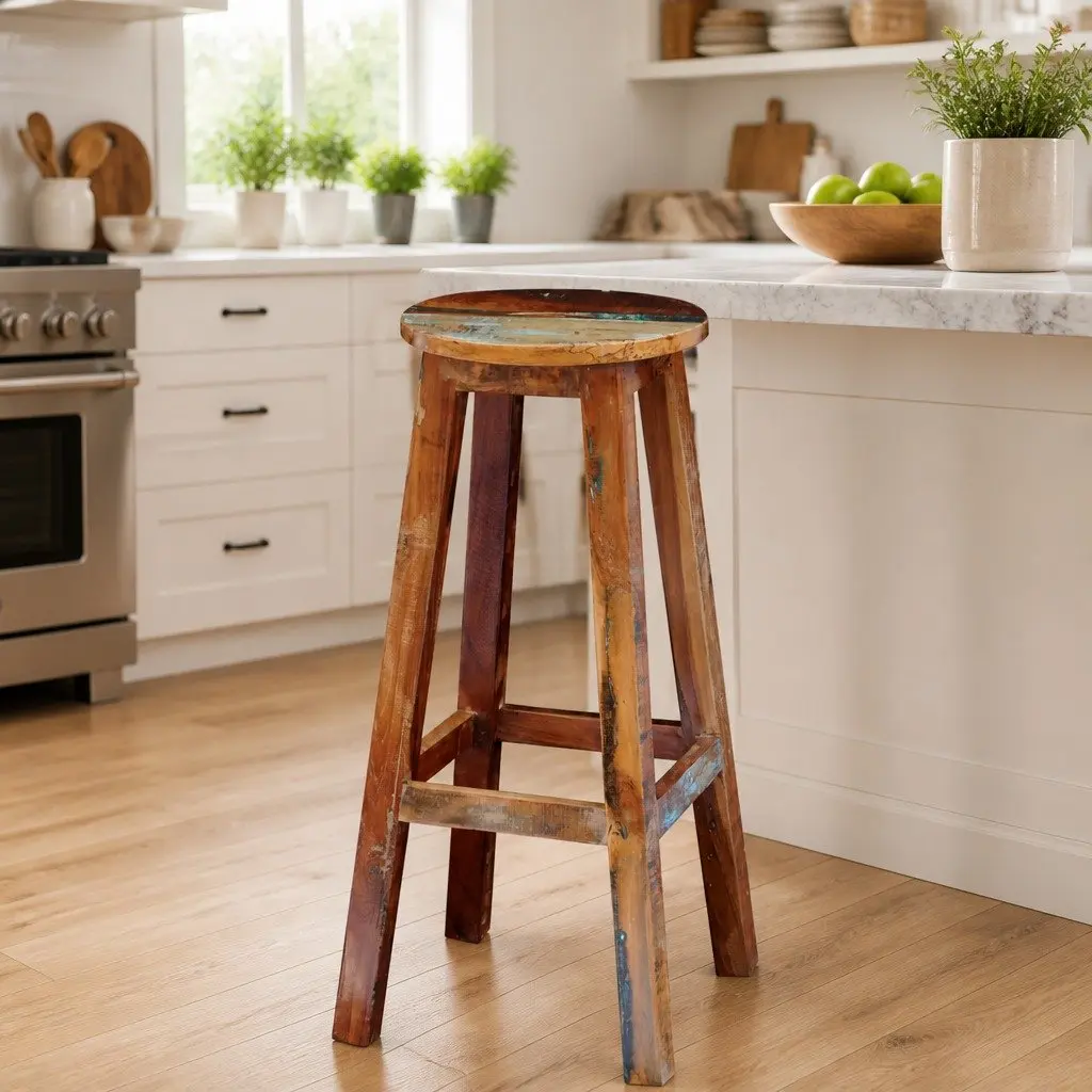 Bar Stool Antique Style Footrest Seating Brown Reclaimed Wood