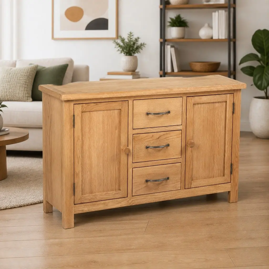 Wooden Sideboard Storage Cabinet 3 Drawers 2 Cupboards Solid Oak Brown
