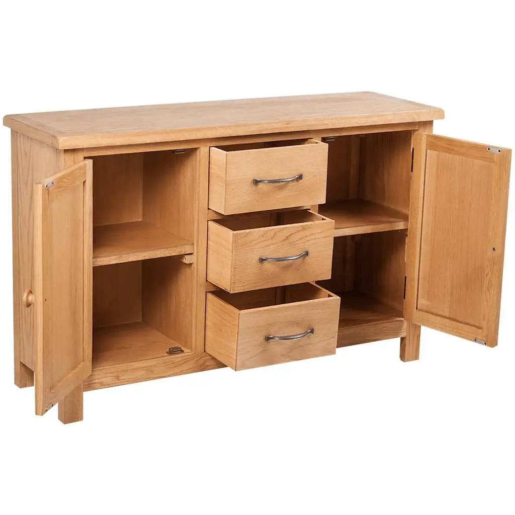 Wooden Sideboard Storage Cabinet 3 Drawers 2 Cupboards Solid Oak Brown