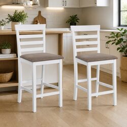 Bar Stools White Fabric Padded Seat Kitchen Dining Chair Set of 2 Pieces