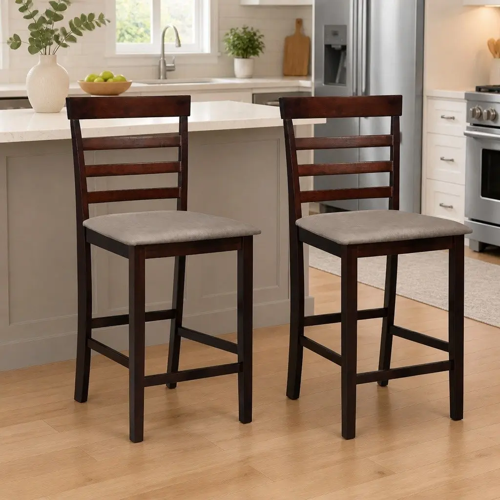 Bar Stools 2 pcs Brown Fabric Padded Seat Kitchen Dining Room Furniture Chairs