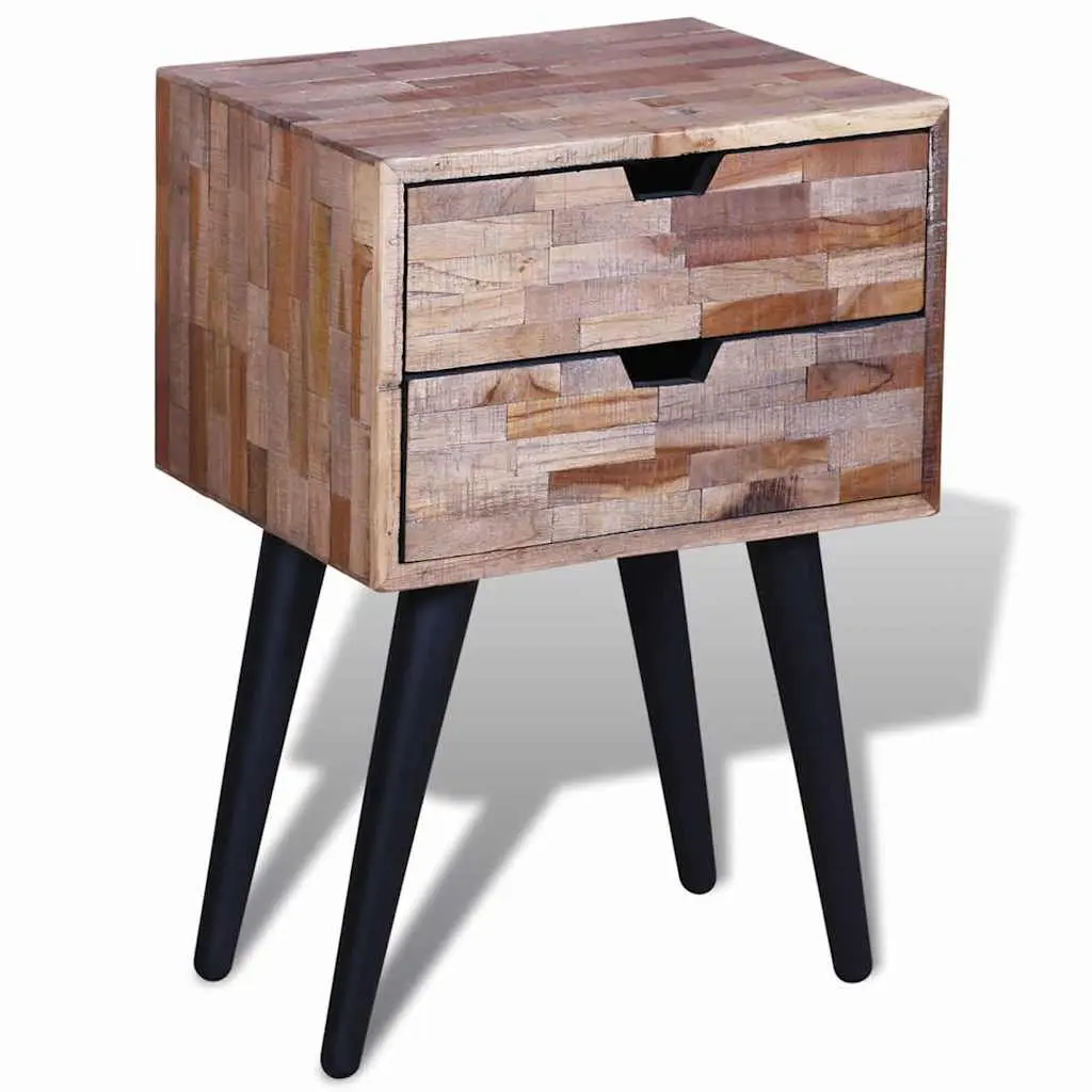 Bedside Table with 2 Storage Drawers Reclaimed Wood Nightstand Brown Vintage