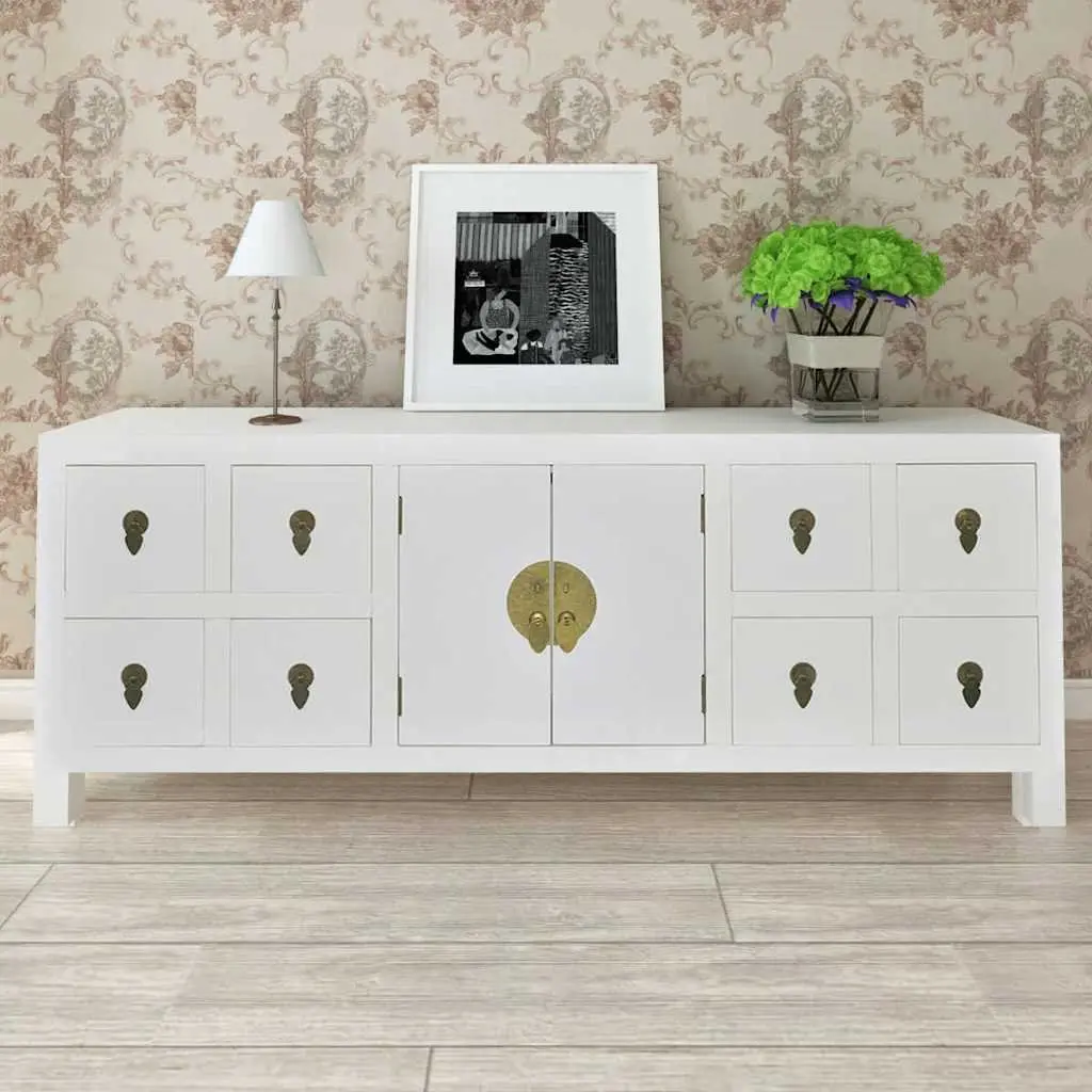 Wooden Sideboard Storage Cabinet 8 Drawers 2 Doors White Asian Style