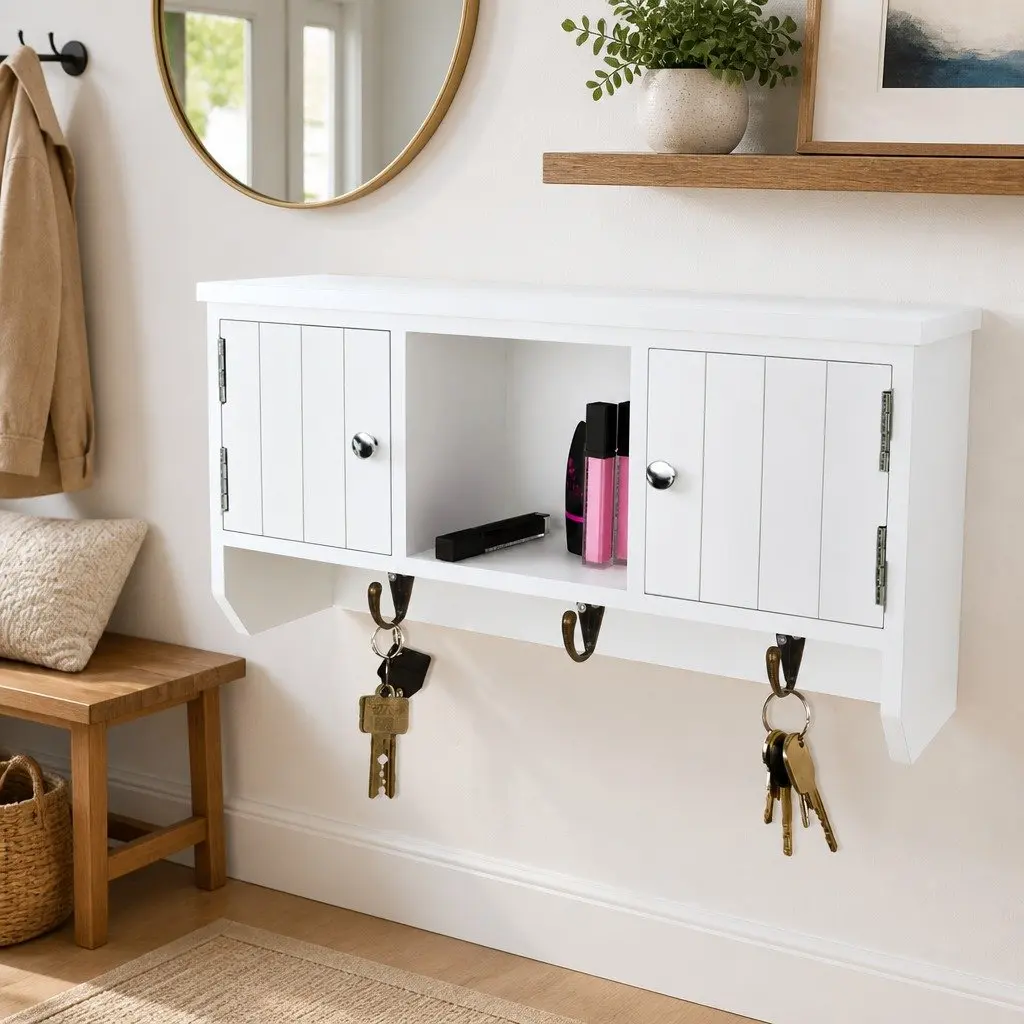 Wall Cabinet for Keys Jewelry Storage 2 Door Compartment 3 Hooks Middle Shelf White