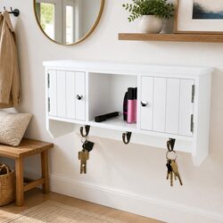 Wall Cabinet with Doors and Hooks for Keys Jewelry Storage Organiser White