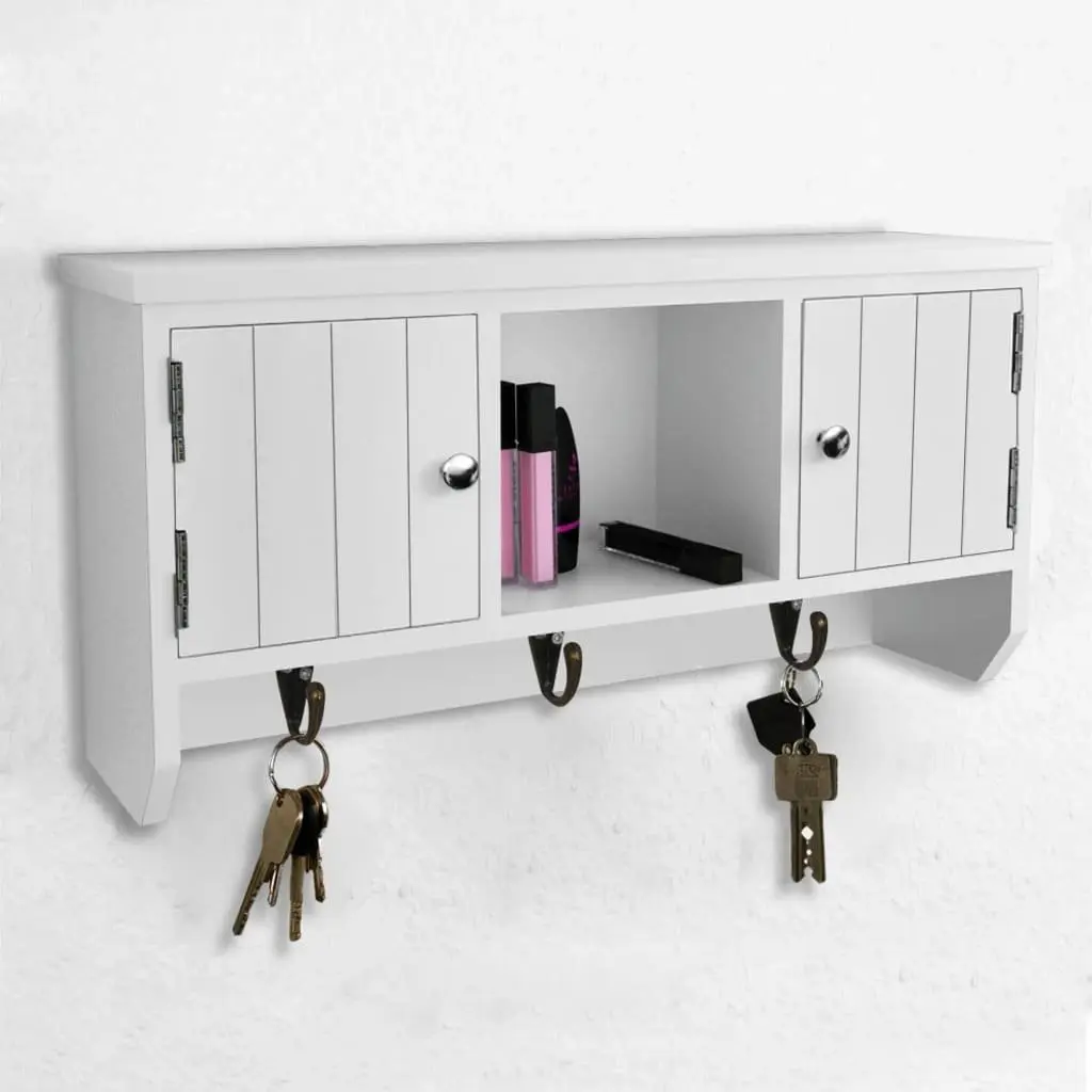 Wall Cabinet for Keys Jewelry Storage 2 Door Compartment 3 Hooks Middle Shelf White