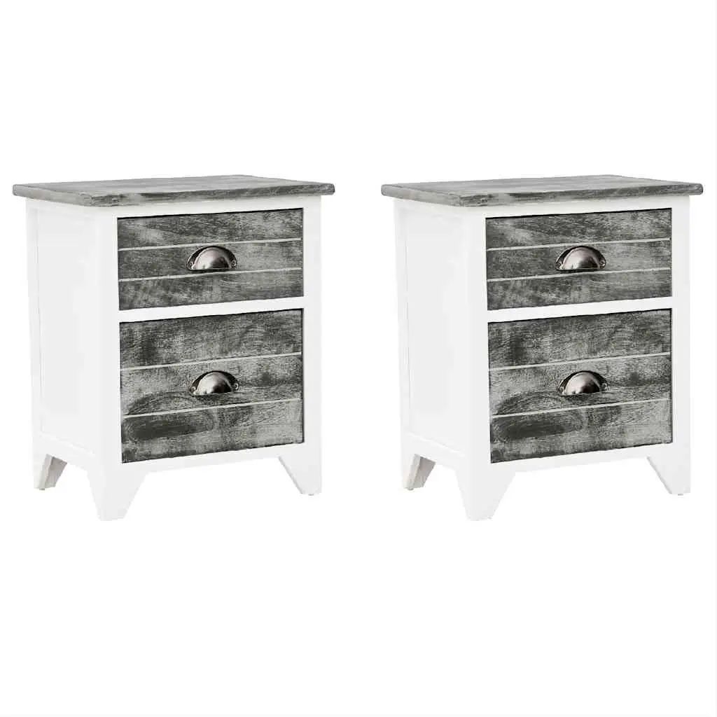 Bedside Table Set 2 pcs with Drawers Grey White Nightstand Cabinet Storage