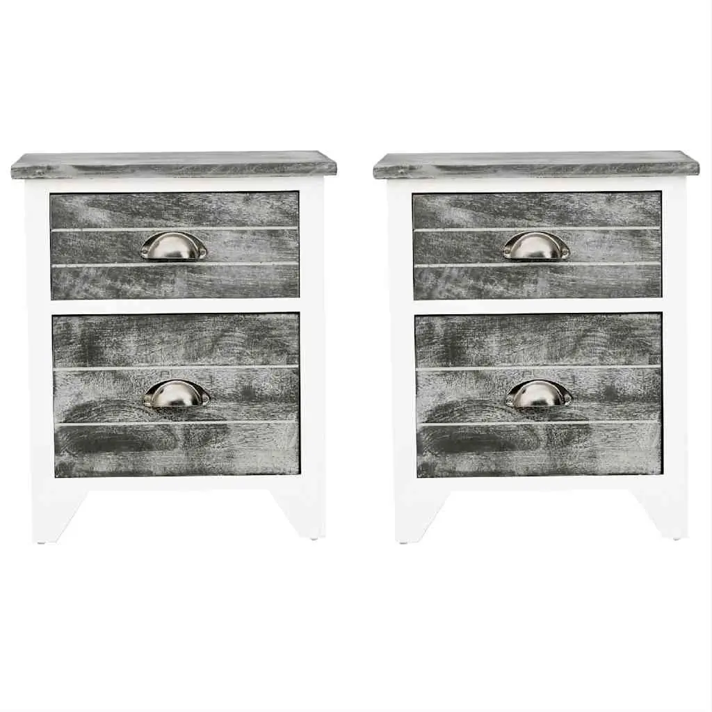 Bedside Table Set 2 pcs with Drawers Grey White Nightstand Cabinet Storage