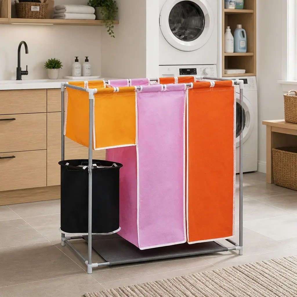 3-Section Laundry Sorter Hamper Organiser Multicolour