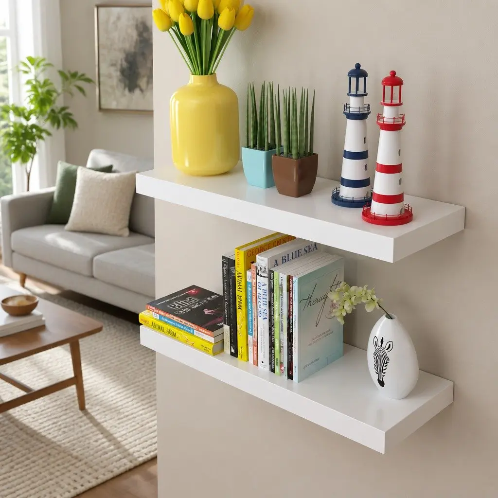 Wall Display Shelves White Set of 2 Floating Shelves Book Storage Home Decor