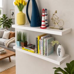 White MDF Wall Display Shelves Set of 2 Floating Book DVD Storage Hanging Ledges
