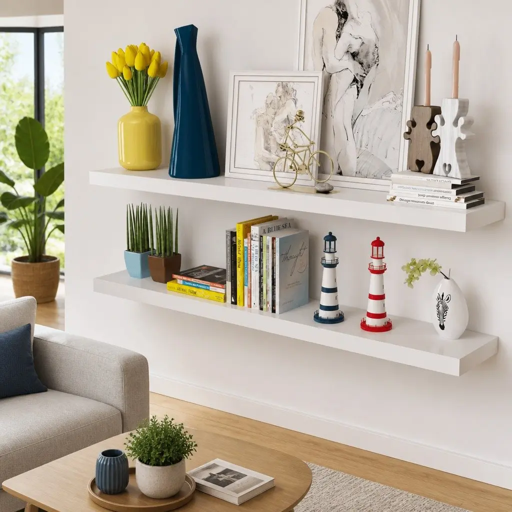 Floating Wall Shelves Display Storage 2 Piece White MDF