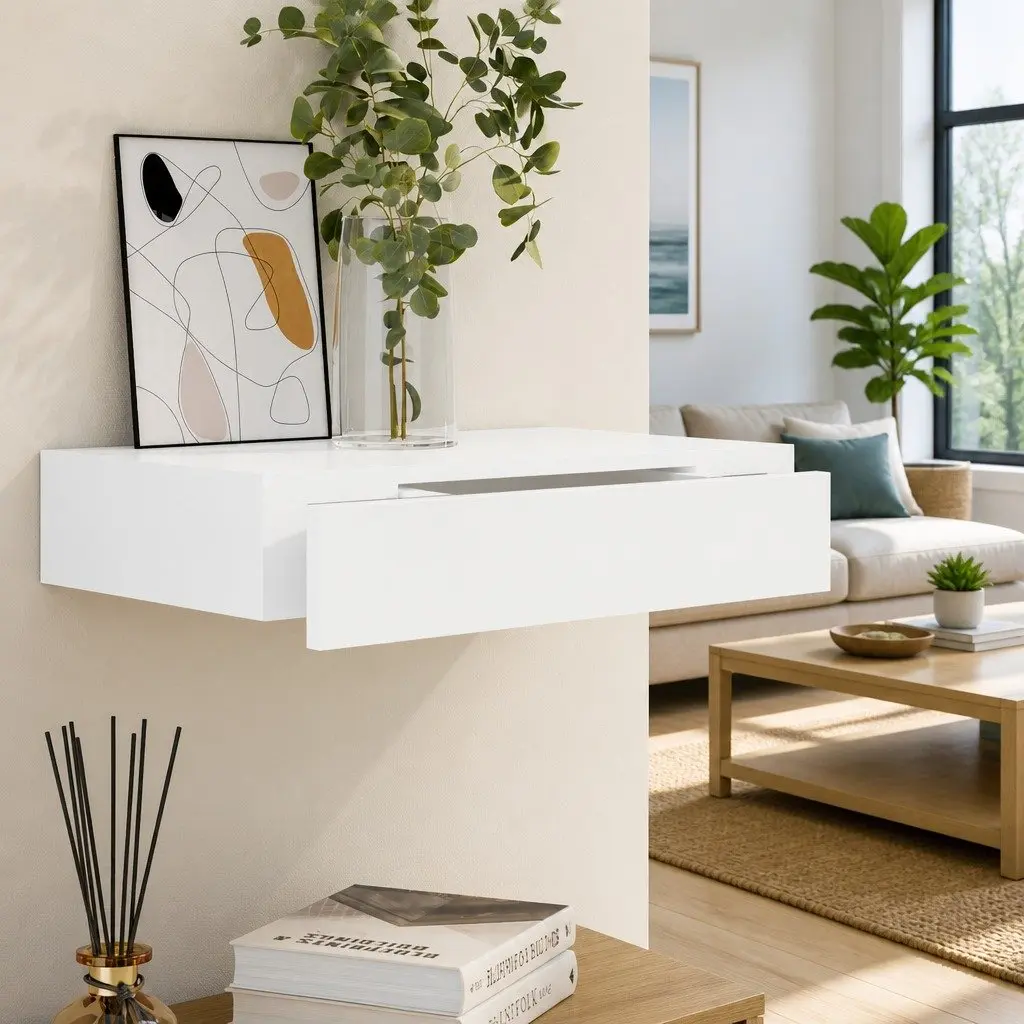 White Floating Shelf with Drawer for Small Items